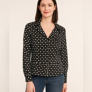 Jones New York Top Black White Polka Dot Long Sleeve Zip Front Size Large